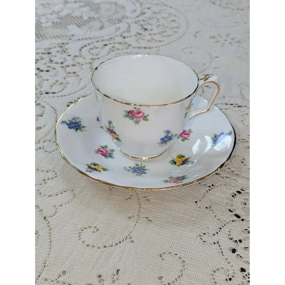 Vintage Tea Cup and Saucer Set White Floral Crown Staffordshire Gold